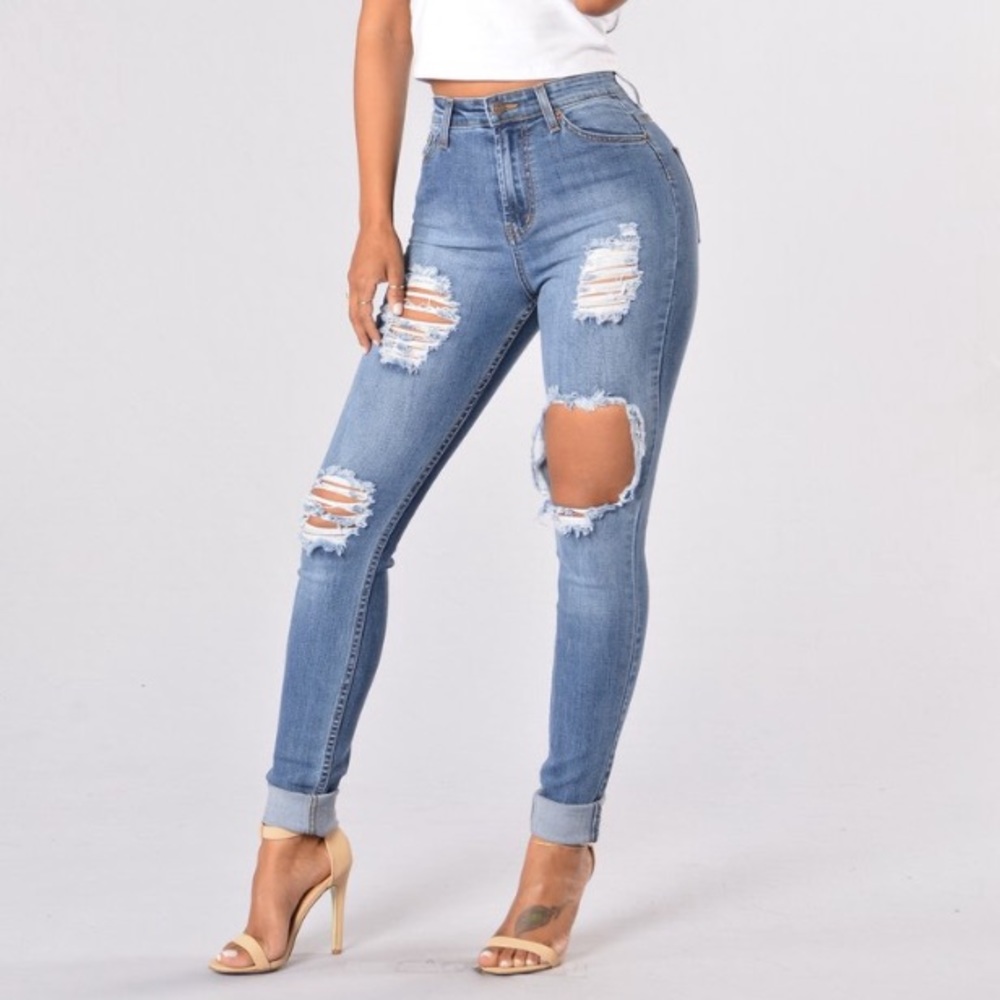 Fashion Nova Distressed Light Blue Skinny Jeans